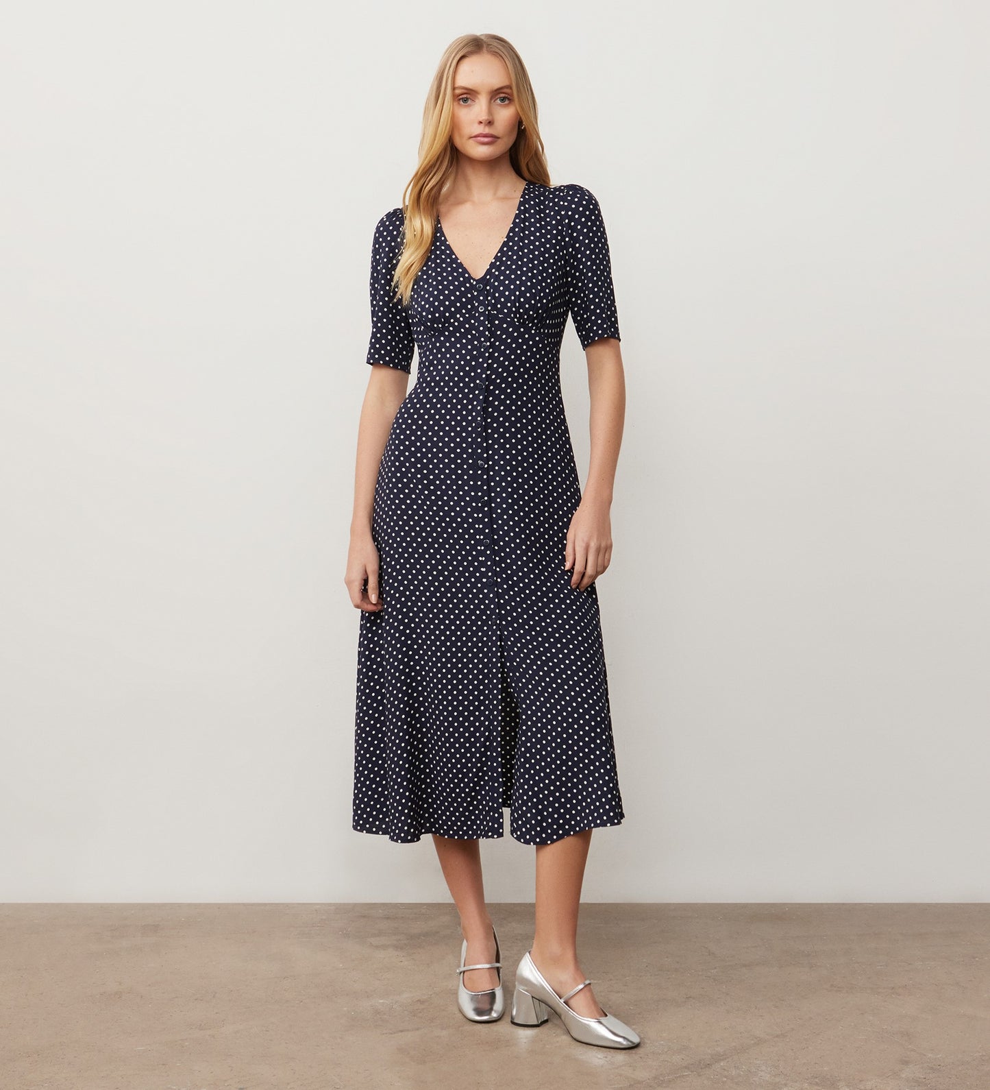 Camilla Navy Spot Print Midi Dress