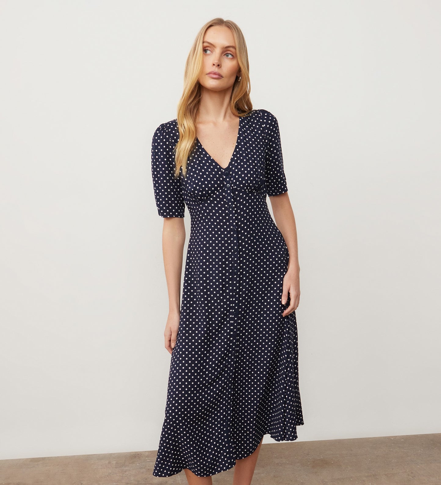 Camilla Navy Spot Print Midi Dress