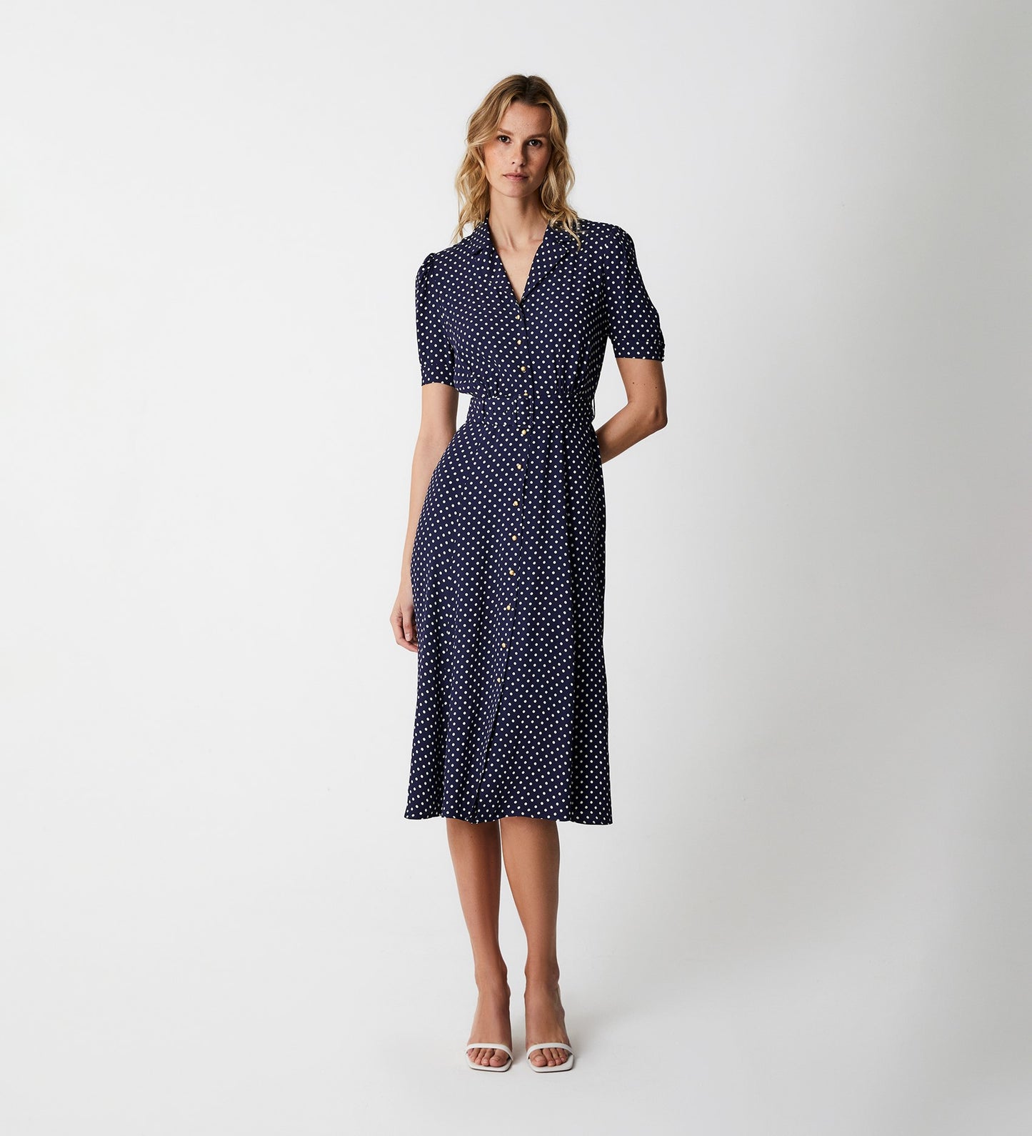 Zara Navy Polka Dot Satin Midi Shirt Dress