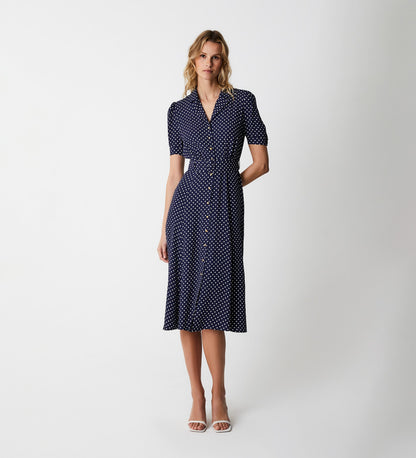 Zara Navy Polka Dot Satin Midi Shirt Dress