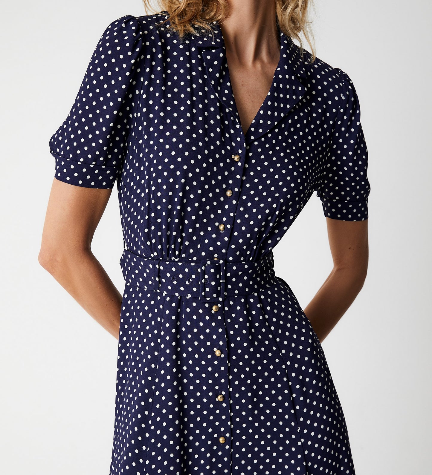 Zara Navy Polka Dot Satin Midi Shirt Dress