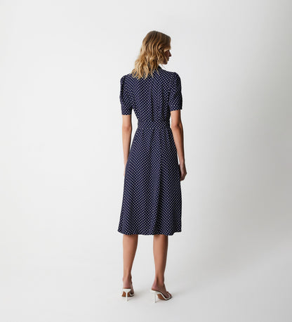 Zara Navy Polka Dot Satin Midi Shirt Dress