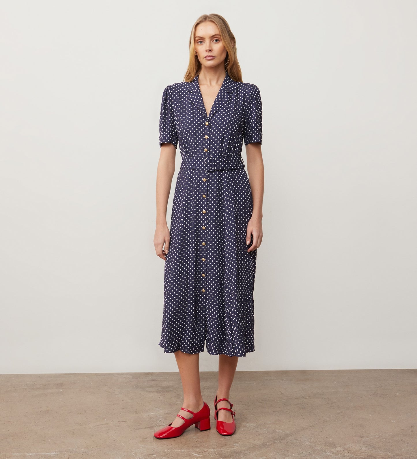 Zara Navy Polka Dot Satin Midi Shirt Dress