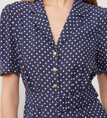 Zara Navy Polka Dot Satin Midi Shirt Dress