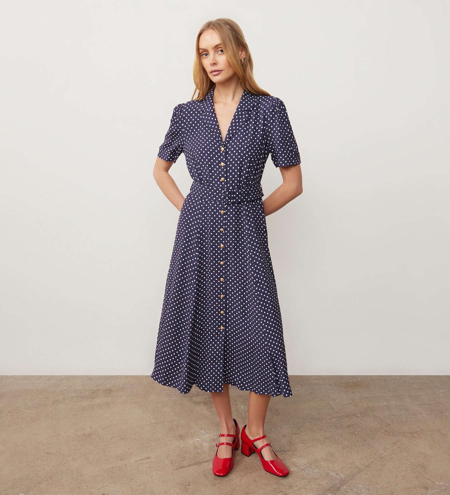 Zara Navy Polka Dot Satin Midi Shirt Dress
