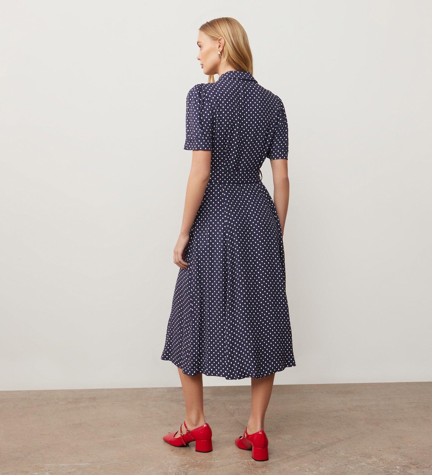 Zara Navy Polka Dot Satin Midi Shirt Dress