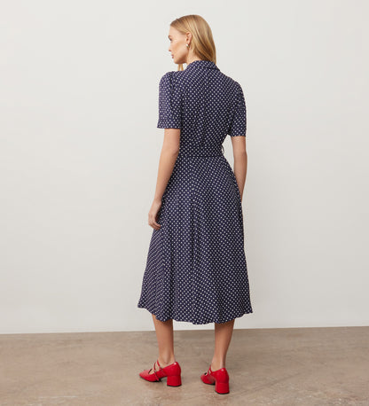 Zara Navy Polka Dot Satin Midi Shirt Dress