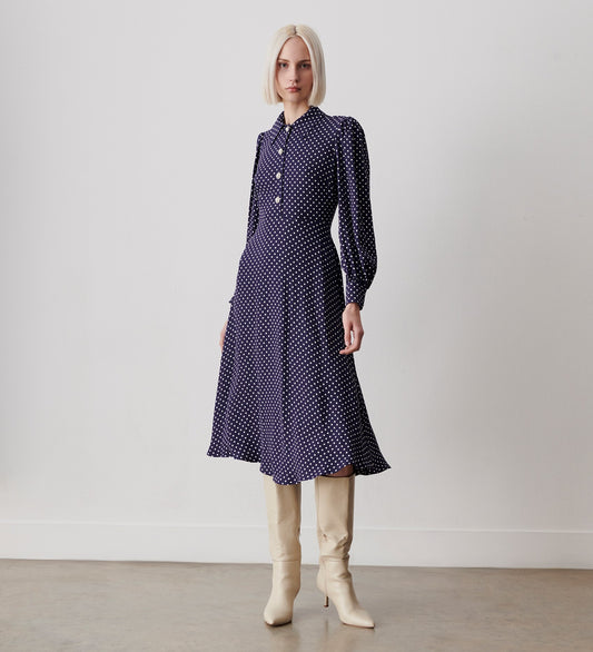 Rosa Navy Polka Dot Midi Shirt Dress