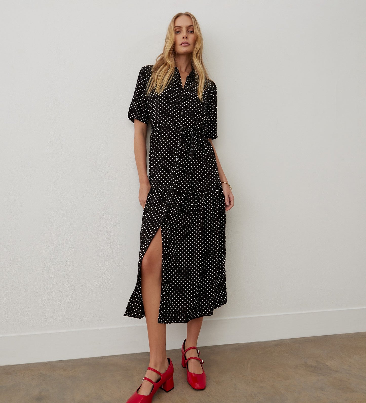 Zara Black Polka Dot Midi Shirt Dress