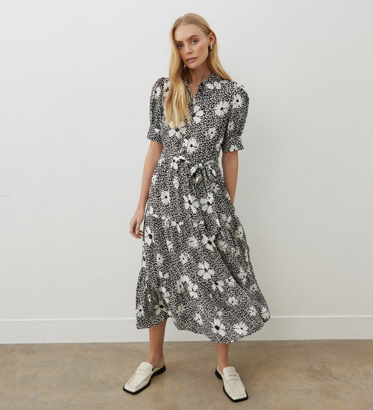 Estelle Black Flowers Midi Shirt Dress