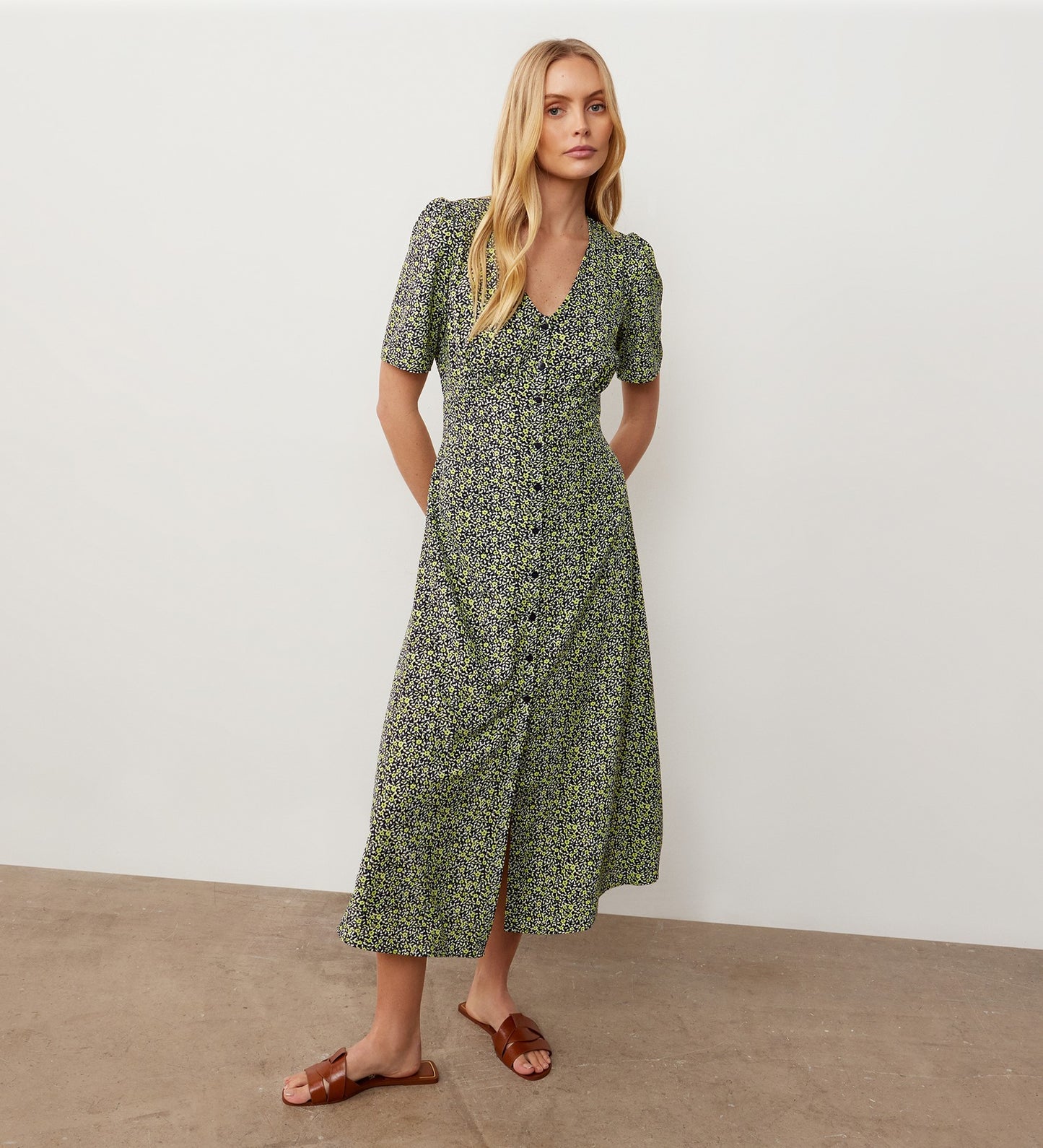 Savannah Green Ditsy Crepe Midi Dress