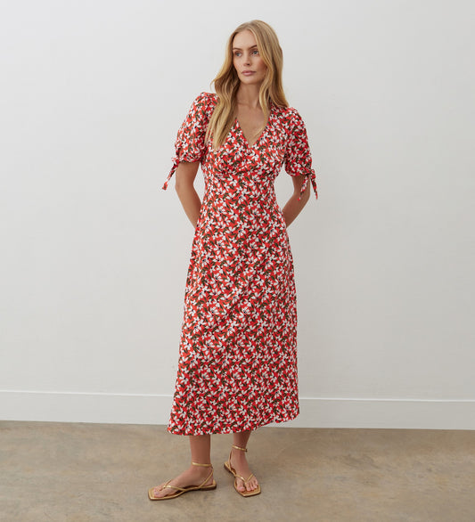 Gabriella Coral Flower Crepe Midi Dress