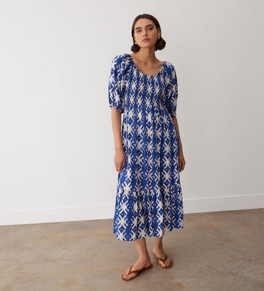 Rosie Blue Ikat Linen Blend Midi Dress