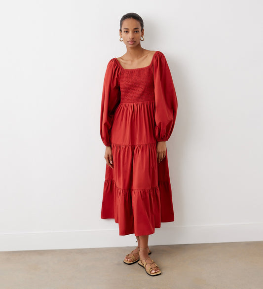 Lauretta Red Tiered Cotton Midi Dress