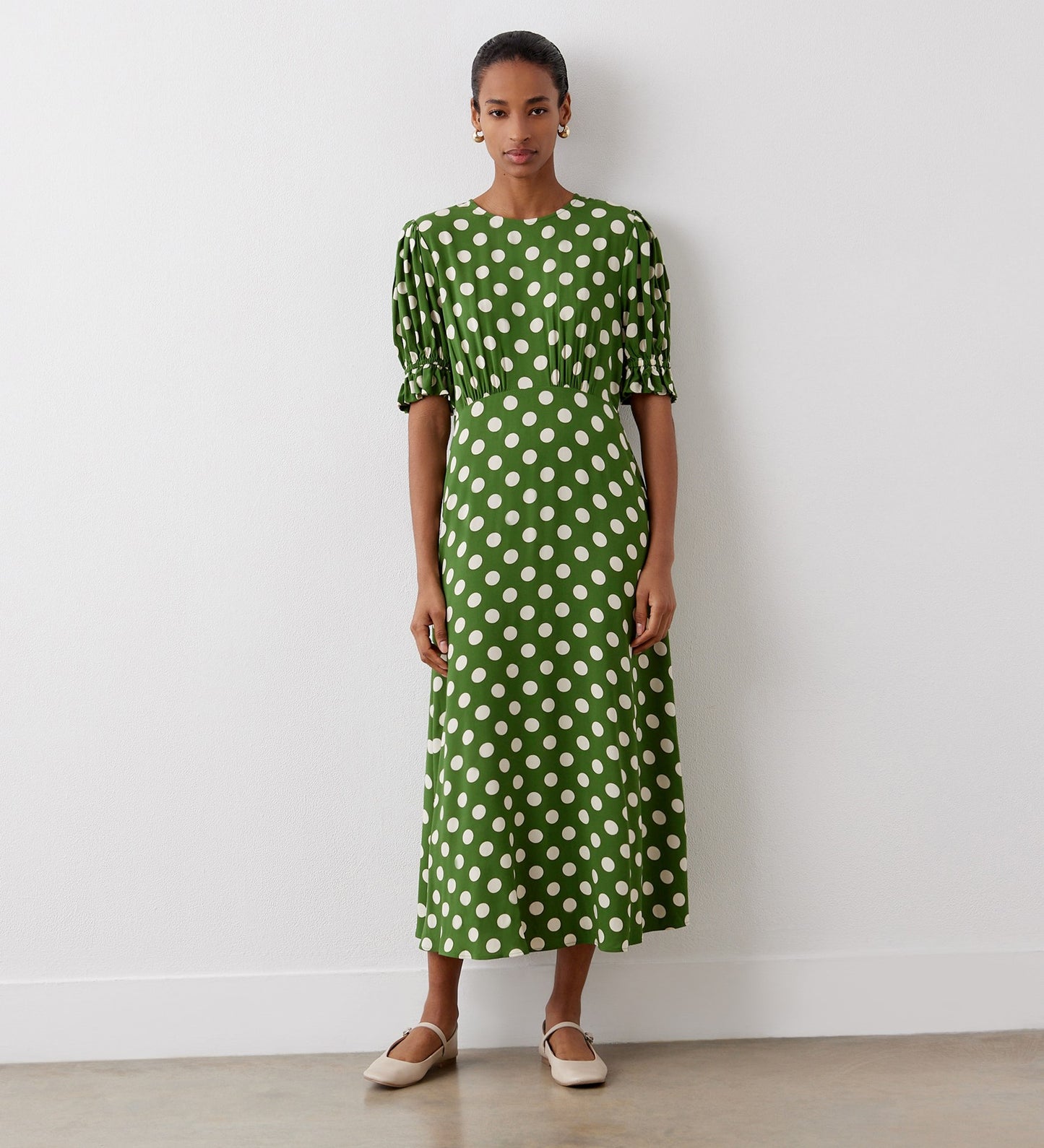 Mela Khaki Polka Dot Crepe Midi Dress