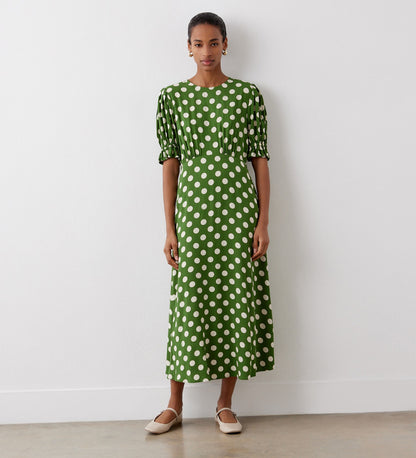 Mela Khaki Polka Dot Crepe Midi Dress