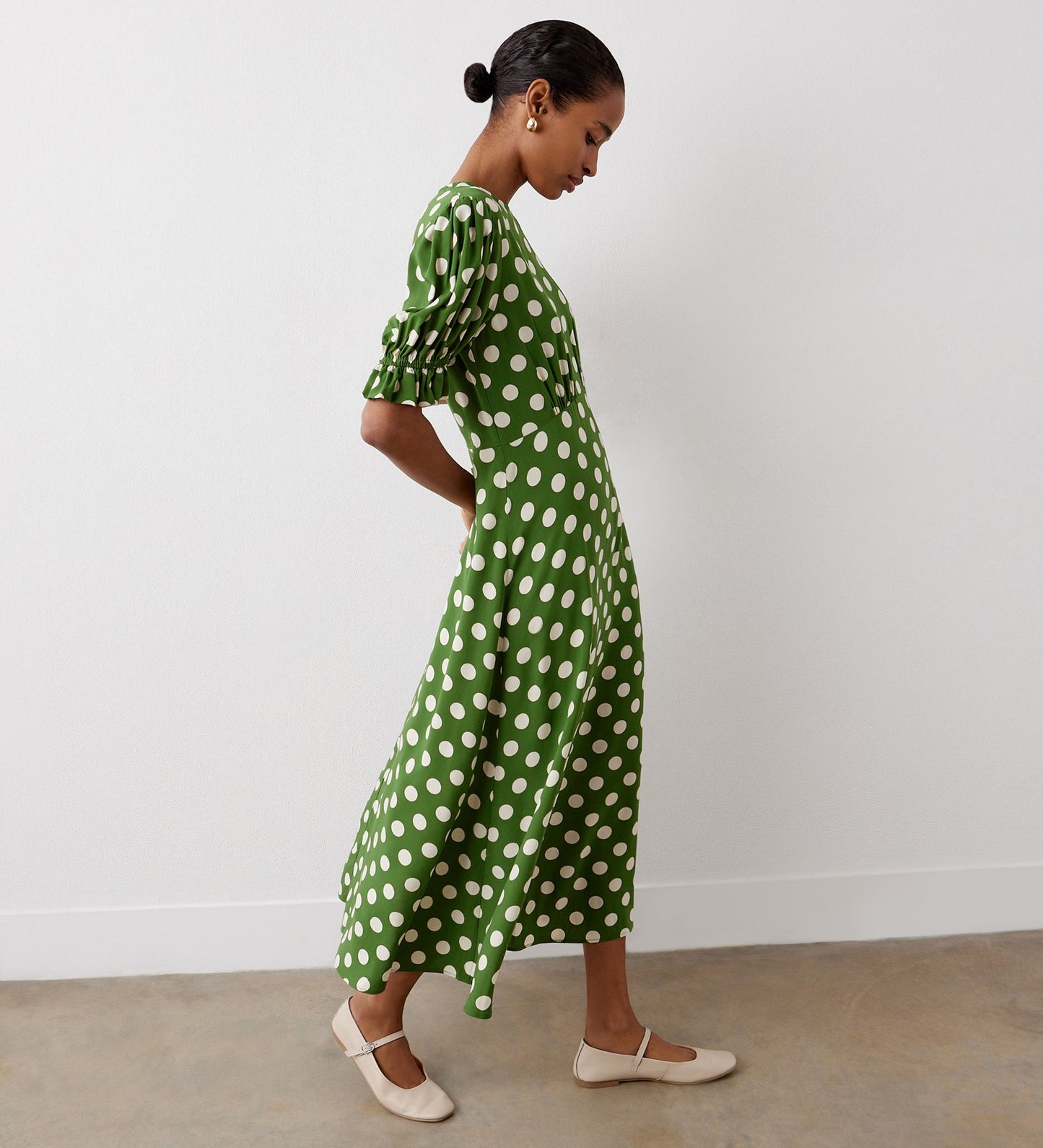 Mela Khaki Polka Dot Crepe Midi Dress