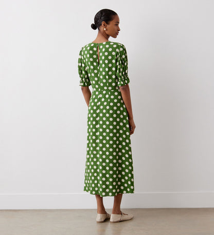 Mela Khaki Polka Dot Crepe Midi Dress