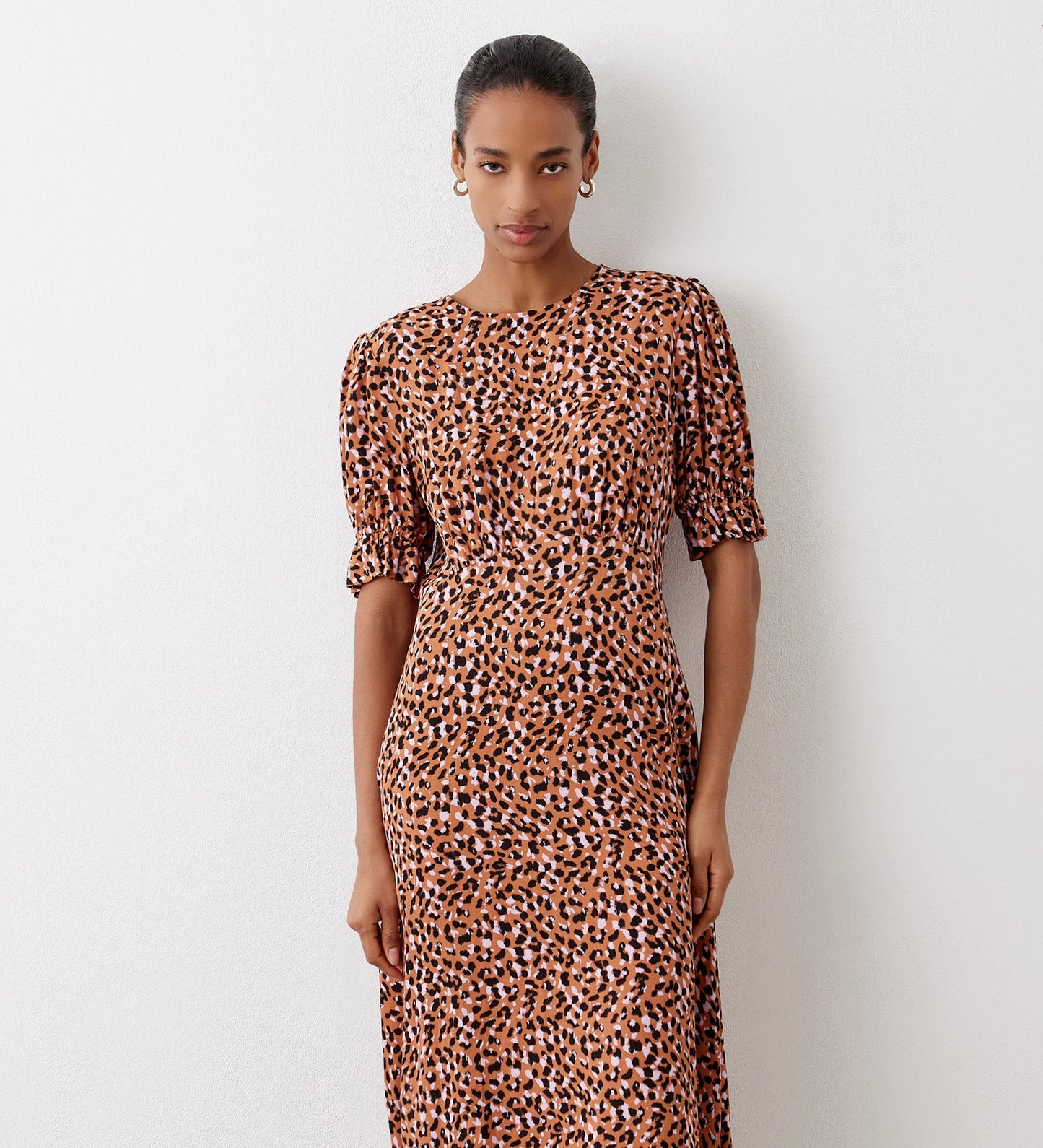 Mela Beige Animal Crepe Midi Dress
