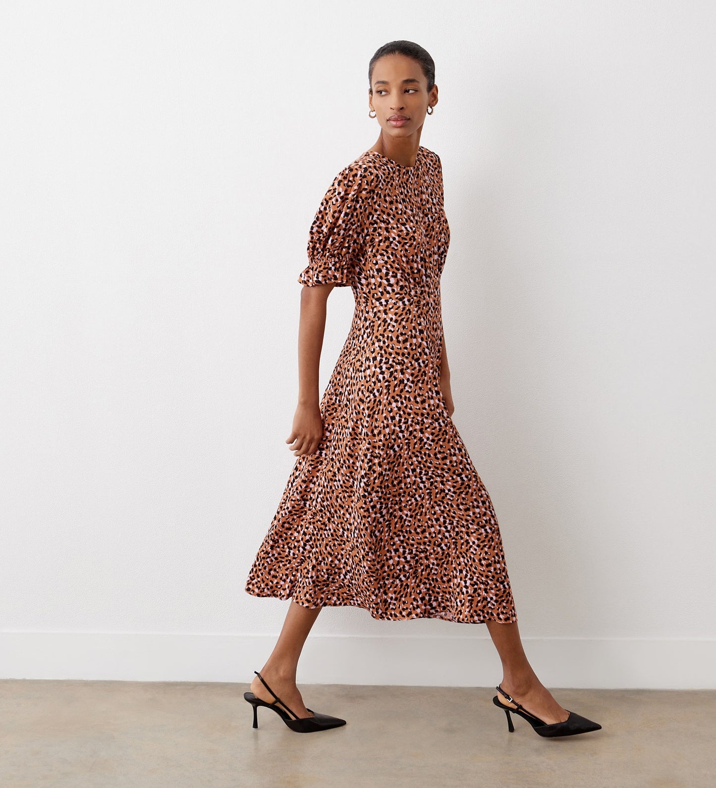 Mela Beige Animal Crepe Midi Dress