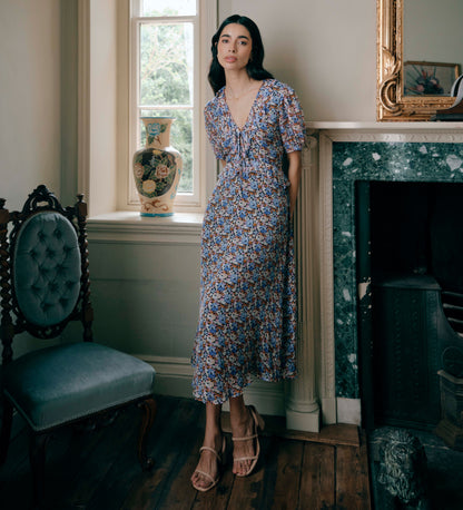 Pomona Blue Floral Chiffon Ruffle Bow Puff Sleeve Midi Dress