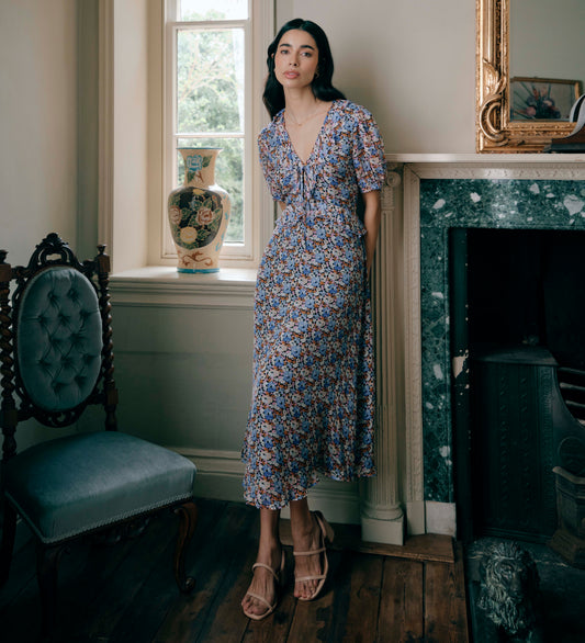 Pomona Blue Floral Chiffon Ruffle Bow Puff Sleeve Midi Dress