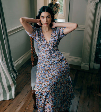 Pomona Blue Floral Chiffon Ruffle Bow Puff Sleeve Midi Dress