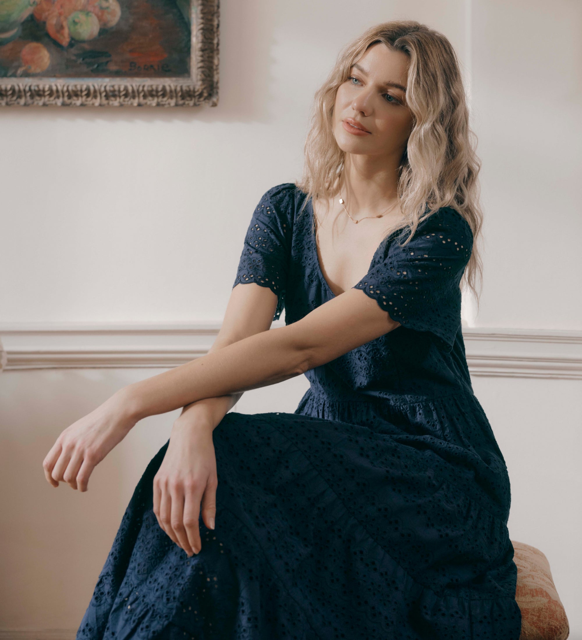 Jemma Navy Cotton Broderie Tiered Midi Dress | Finery London