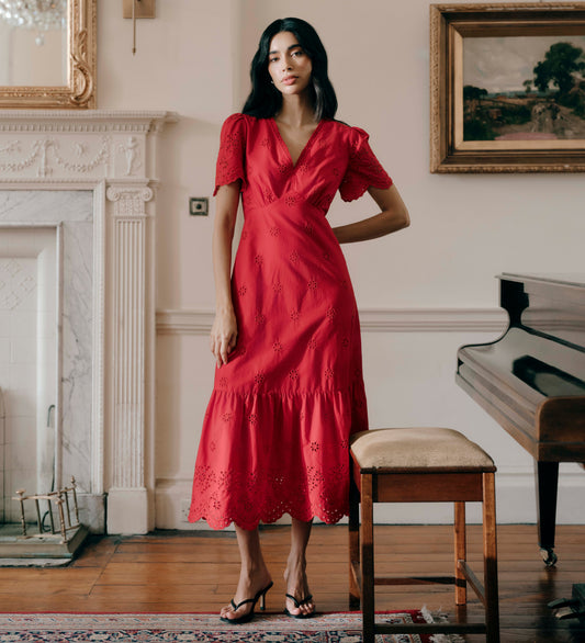 Quinn Red Cotton Broderie Lace Trim V-Neck Midi Dress