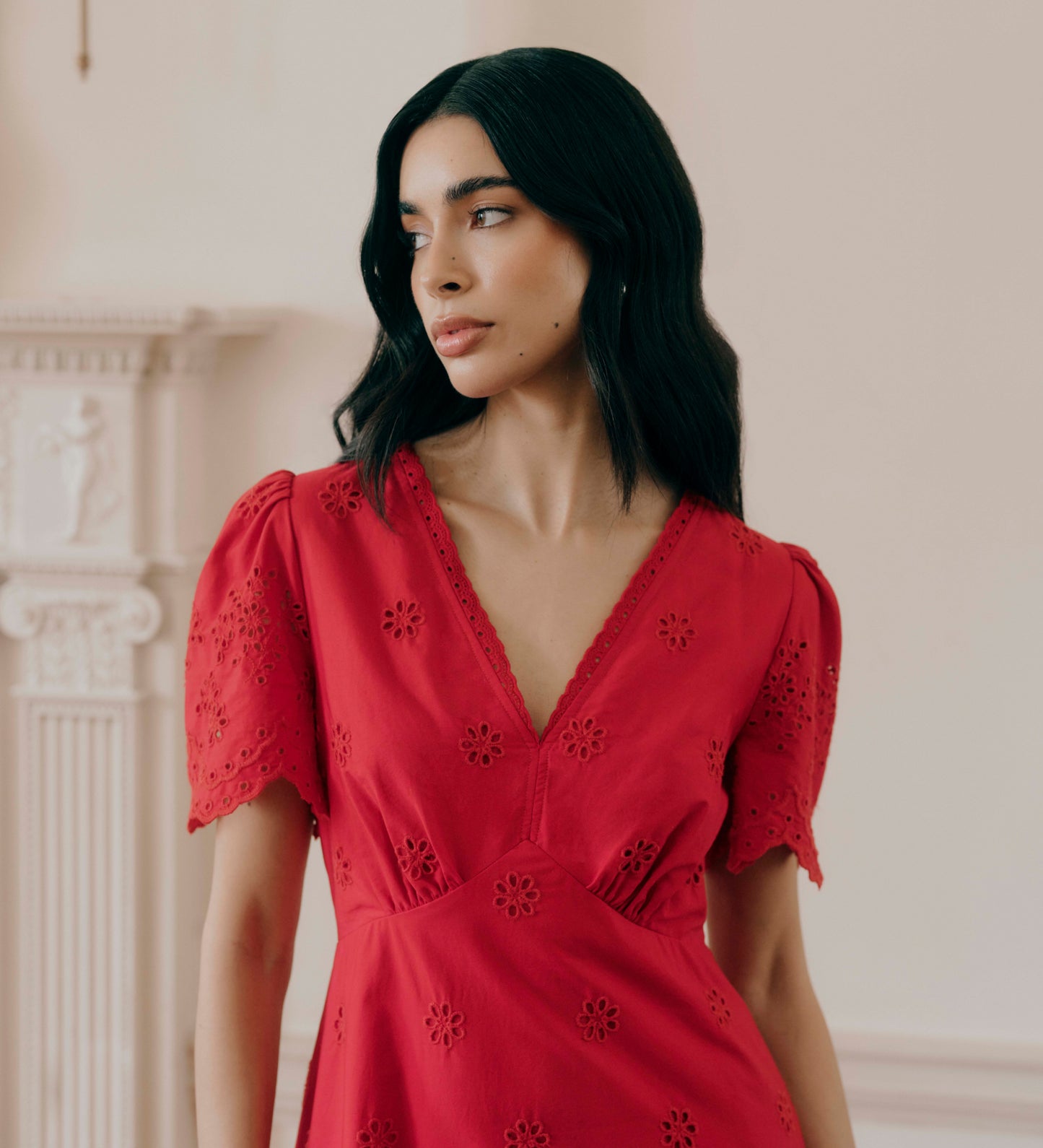 Quinn Red Cotton Broderie Lace Trim V-Neck Midi Dress