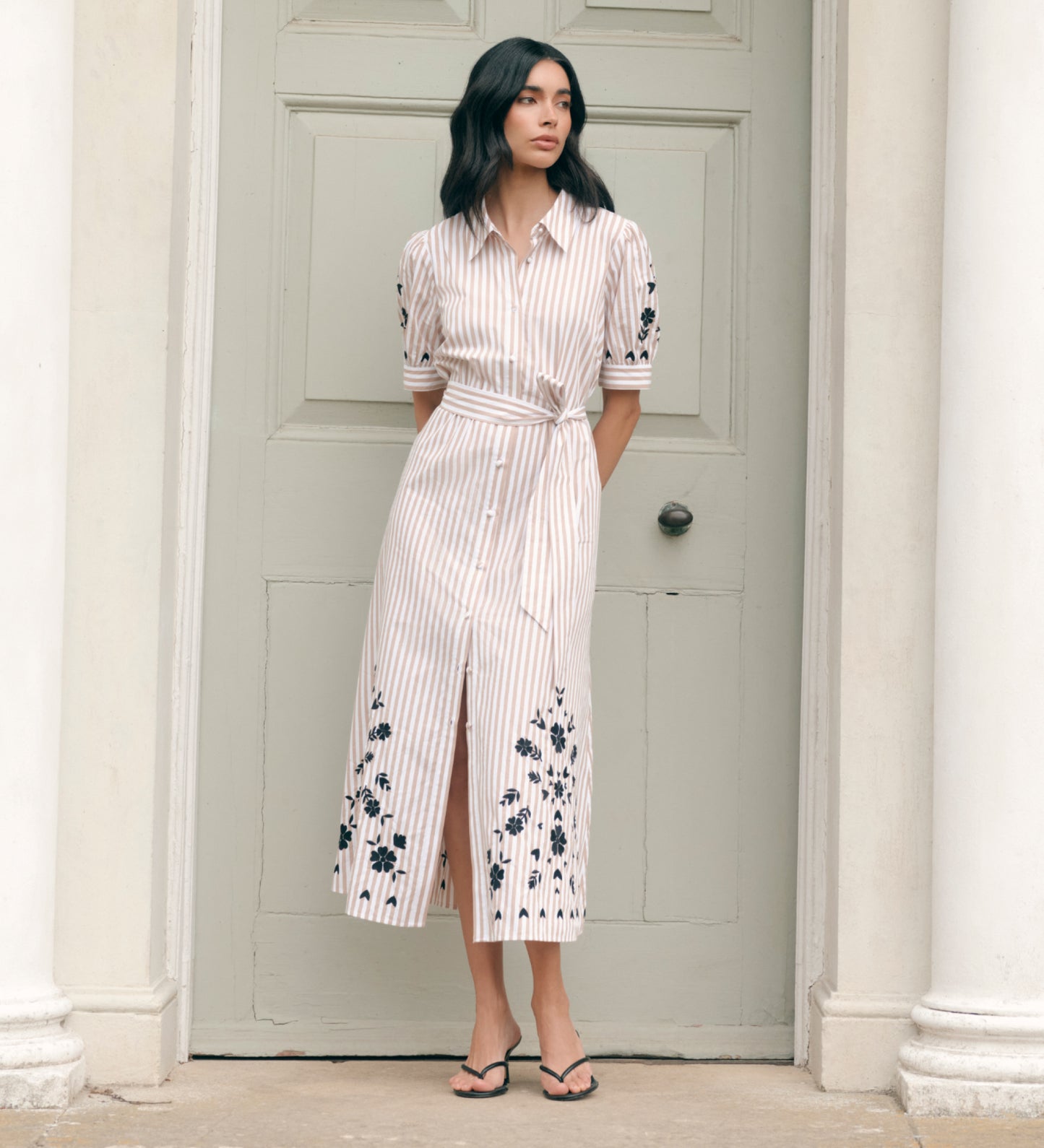 Daniella Neutral Stripe Embroidered Midi Shirt Dress