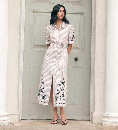 Daniella Neutral Stripe Embroidered Midi Shirt Dress