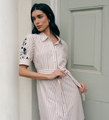 Daniella Neutral Stripe Embroidered Midi Shirt Dress