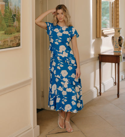 Sierra Blue Flower Asymmetric Frill Midi Tea Dress