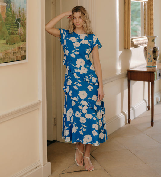 Sierra Blue Flower Asymmetric Frill Midi Tea Dress