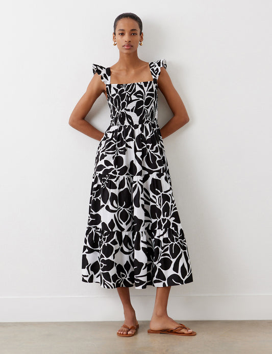 Aurena Black Floral Cotton Midi Sundress