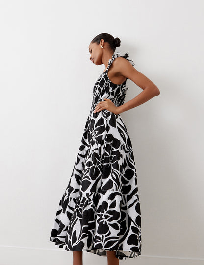 Aurena Black Floral Cotton Midi Sundress