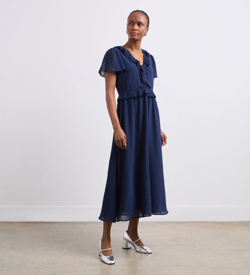 Dahlia Navy Chiffon Midi Dress – Finery London