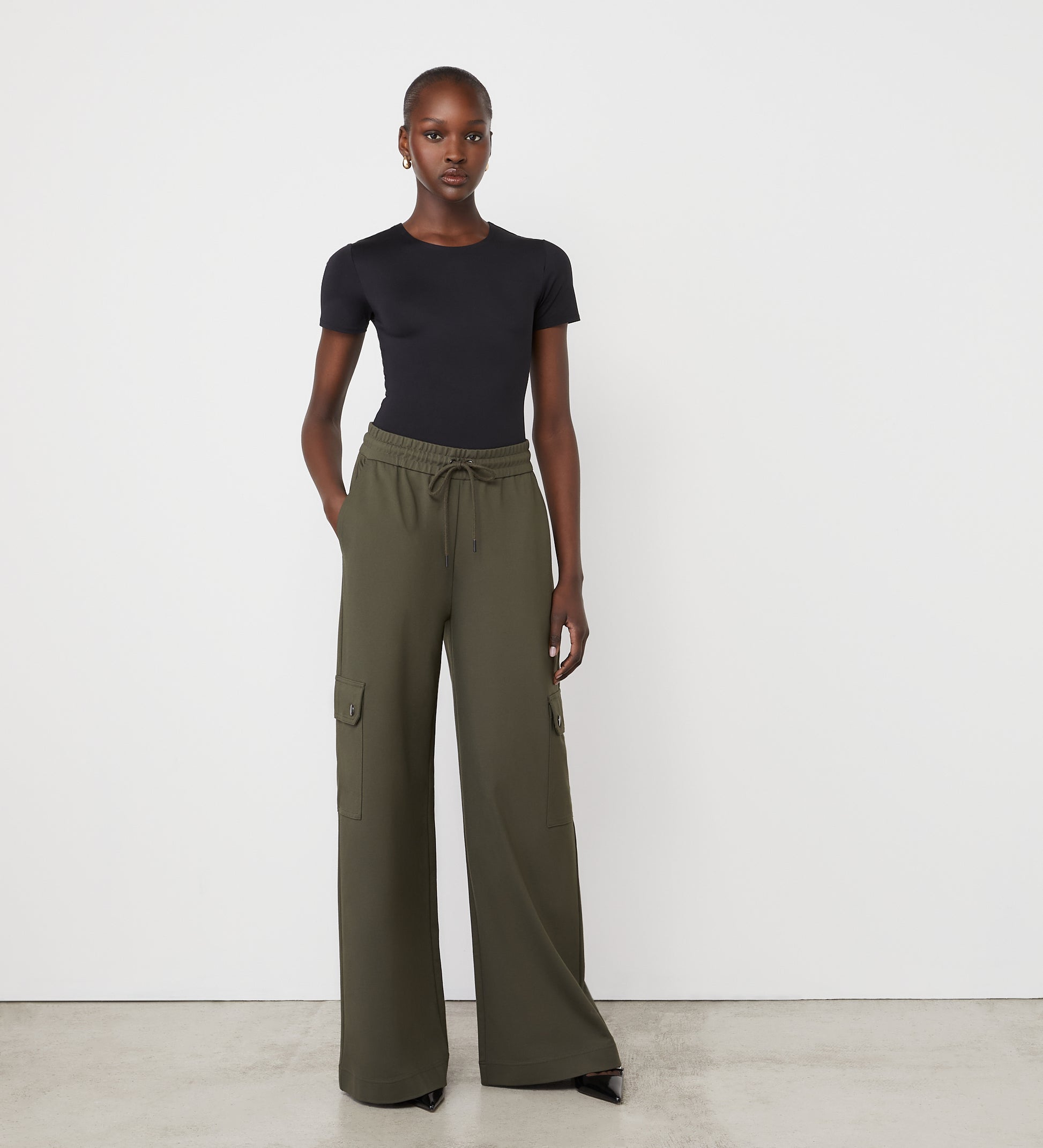 Deliah Khaki Ponte Jersey High-Waisted Cargo Trousers – Finery London
