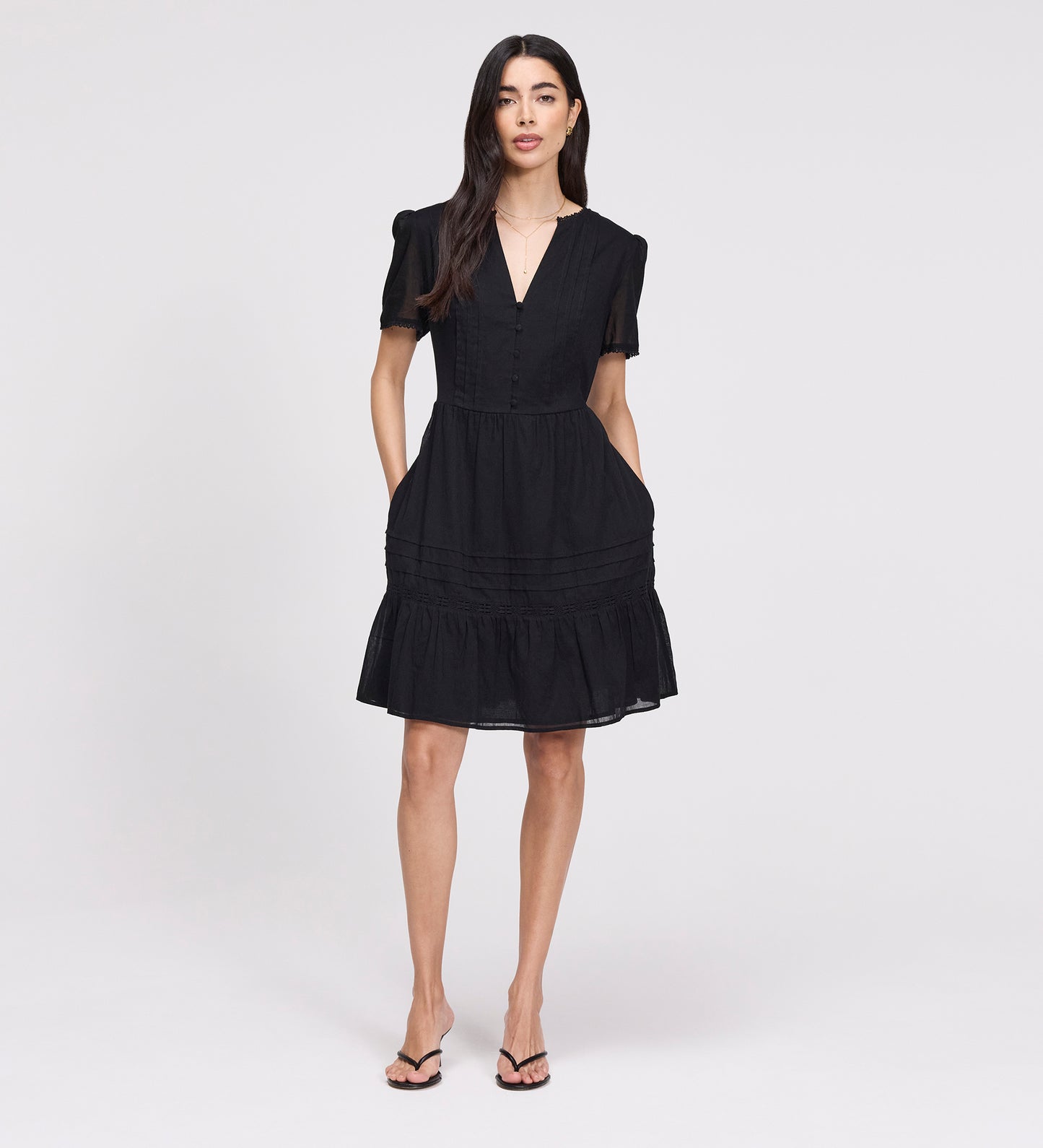 Dakota Black Cotton Lace Tiered Short Dress