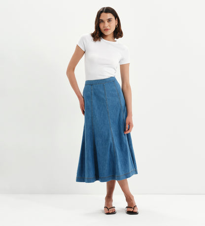 Dana Mid Blue Denim Flare A-Line Midi Skirt