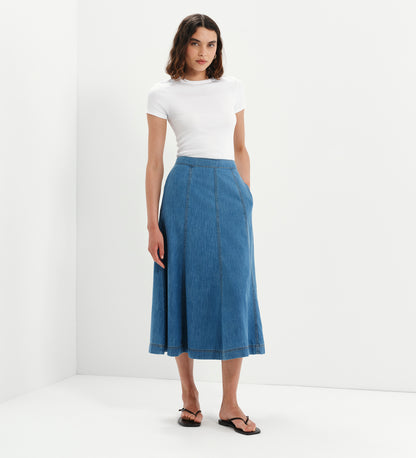 Dana Mid Blue Denim Flare A-Line Midi Skirt