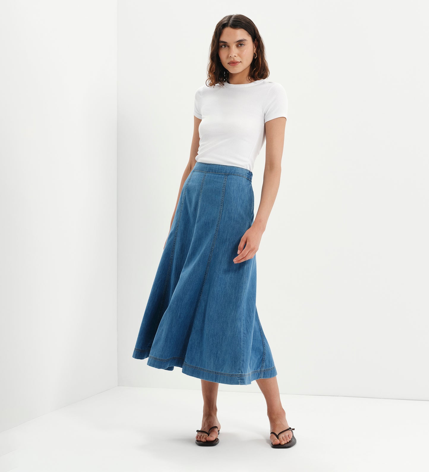 Dana Mid Blue Denim Flare A-Line Midi Skirt