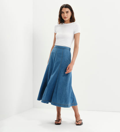 Dana Mid Blue Denim Flare A-Line Midi Skirt