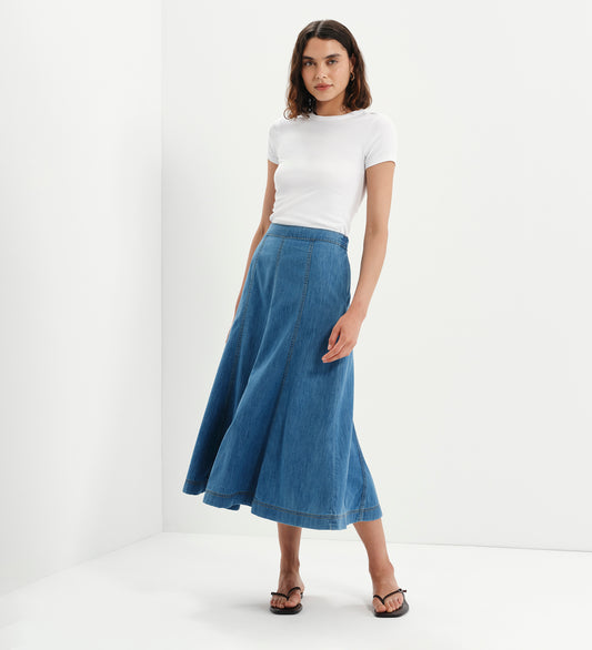 Dana Mid Blue Denim Flare A-Line Midi Skirt