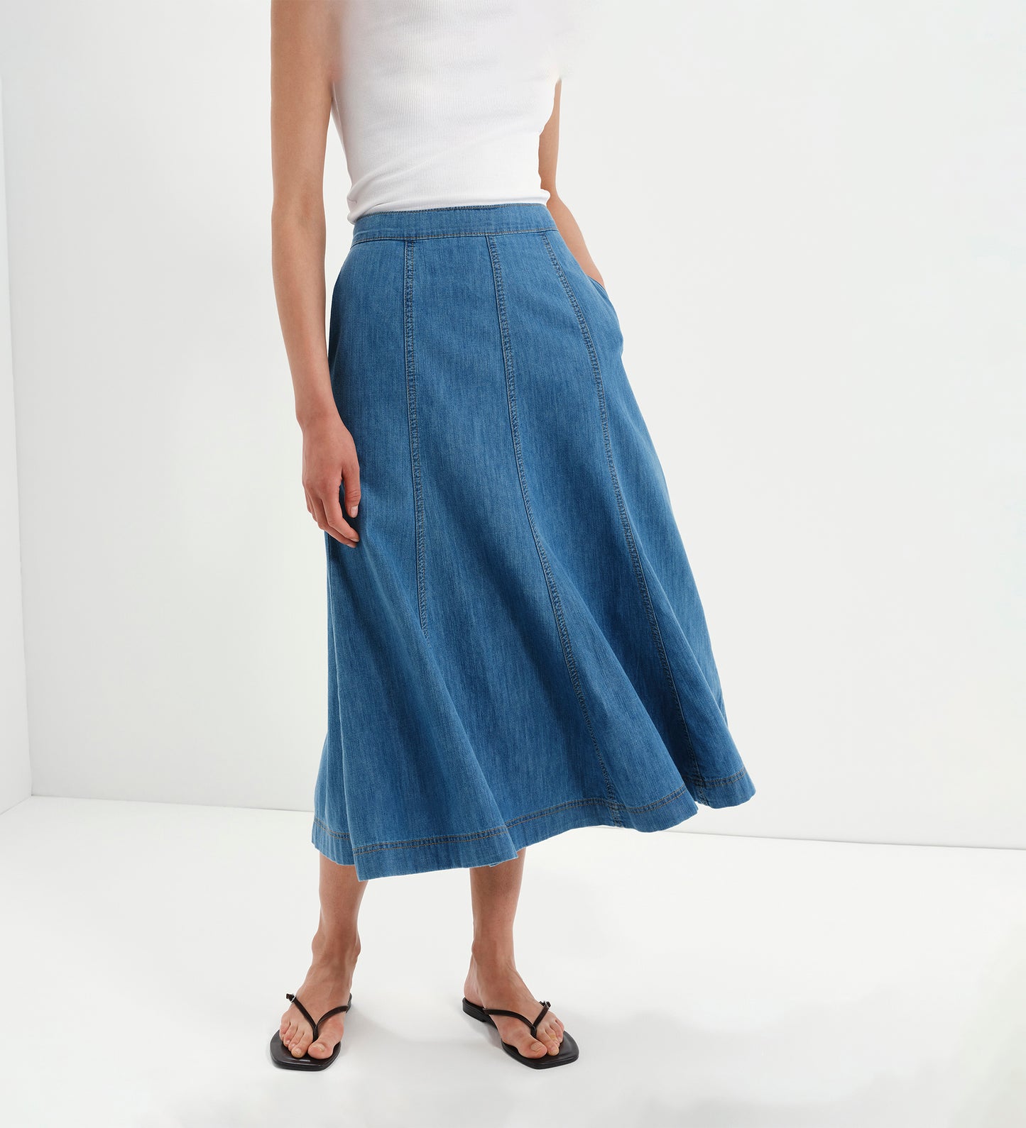 Dana Mid Blue Denim Flare A-Line Midi Skirt