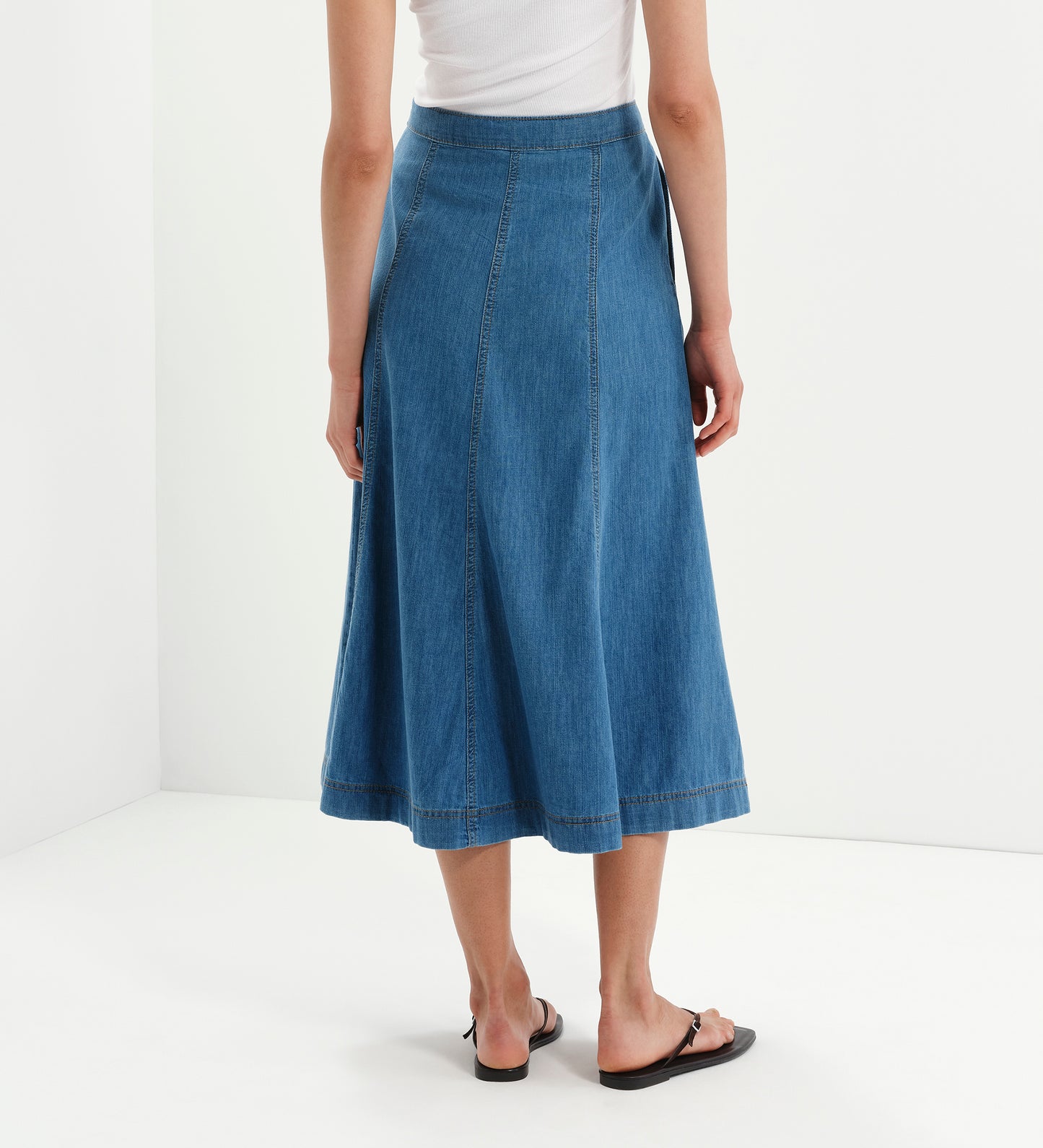Dana Mid Blue Denim Flare A-Line Midi Skirt