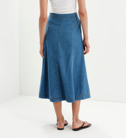 Dana Mid Blue Denim Flare A-Line Midi Skirt