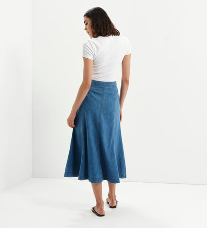 Dana Mid Blue Denim Flare A-Line Midi Skirt