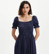 Dawn Navy Gingham Seersucker Shirred Bodice Midi Dress